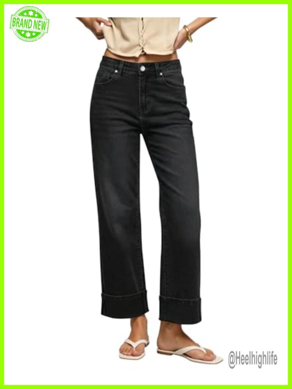 High Waisted Wide Leg Jeans with Cuffed Hem Stretchy Denim